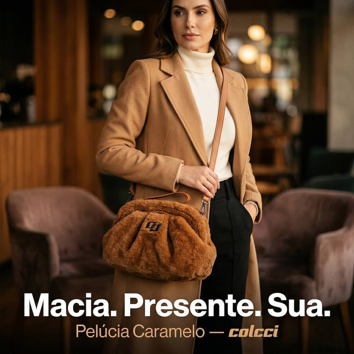 Bolsa Feminina Colcci Pelúcia Média Faux Fur Alça Transversal 090.01.12170.19 Caramelo Marrom 6