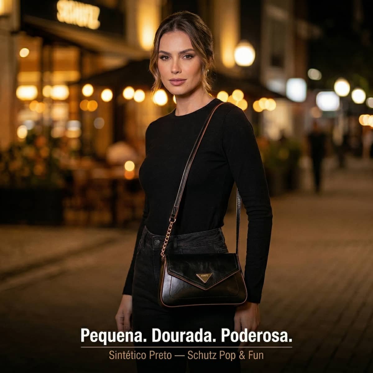 Bolsa Feminina Schutz Envelope Borda Marrom Corrente Dourada Crossbody  S5001009350001 Preto Preto 7