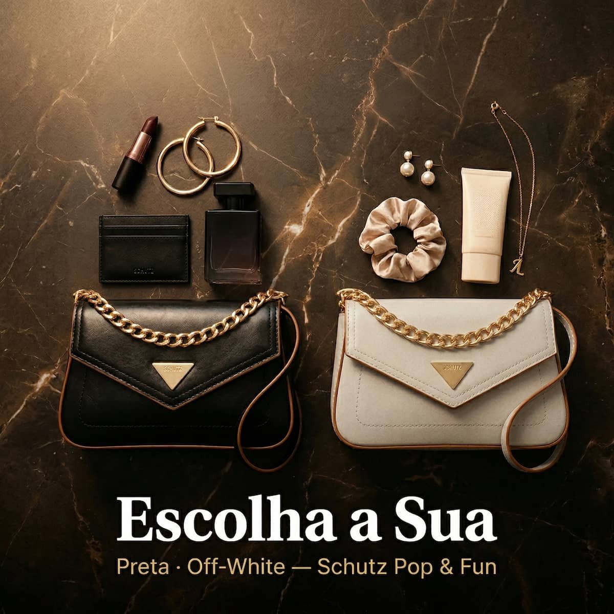 Bolsa Feminina Schutz Envelope Borda Marrom Corrente Dourada Crossbody  S5001009350001 Preto Preto 9