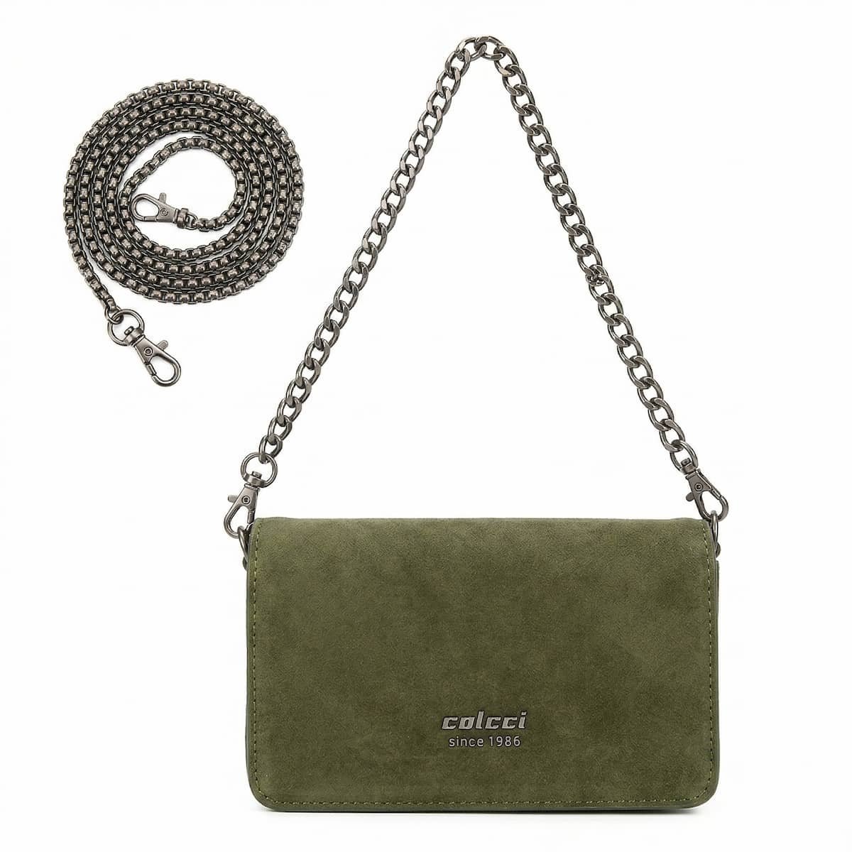 Bolsa Feminina Colcci Envelope Suede Sintético Corrente Gunmetal Crossbody 104.01.00762.15 Verde