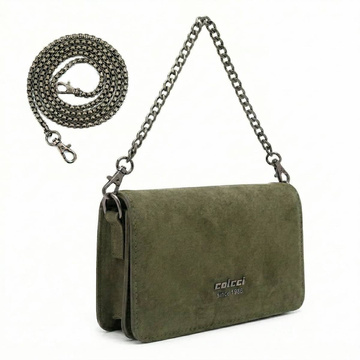 Bolsa Feminina Colcci Envelope Suede Sintético Corrente Gunmetal Crossbody 104.01.00762.15 Verde Verde 2