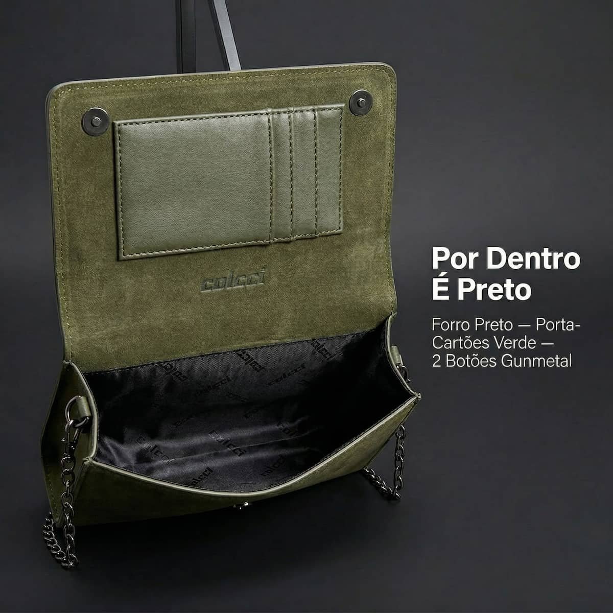 Bolsa Feminina Colcci Envelope Suede Sintético Corrente Gunmetal Crossbody 104.01.00762.15 Verde Verde 3