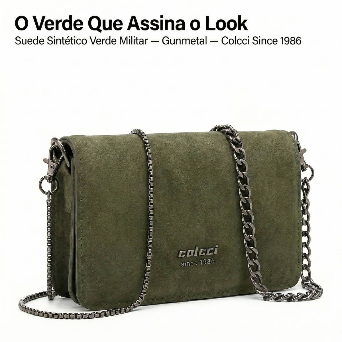 Bolsa Feminina Colcci Envelope Suede Sintético Corrente Gunmetal Crossbody 104.01.00762.15 Verde Verde 6