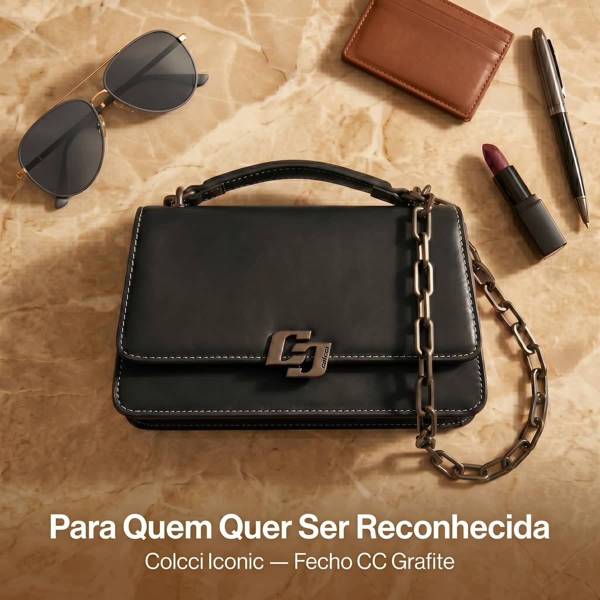 Bolsa Feminina Colcci Iconic Corrente Grafite Transversal 090.01.12353.1 Preto Preto 5