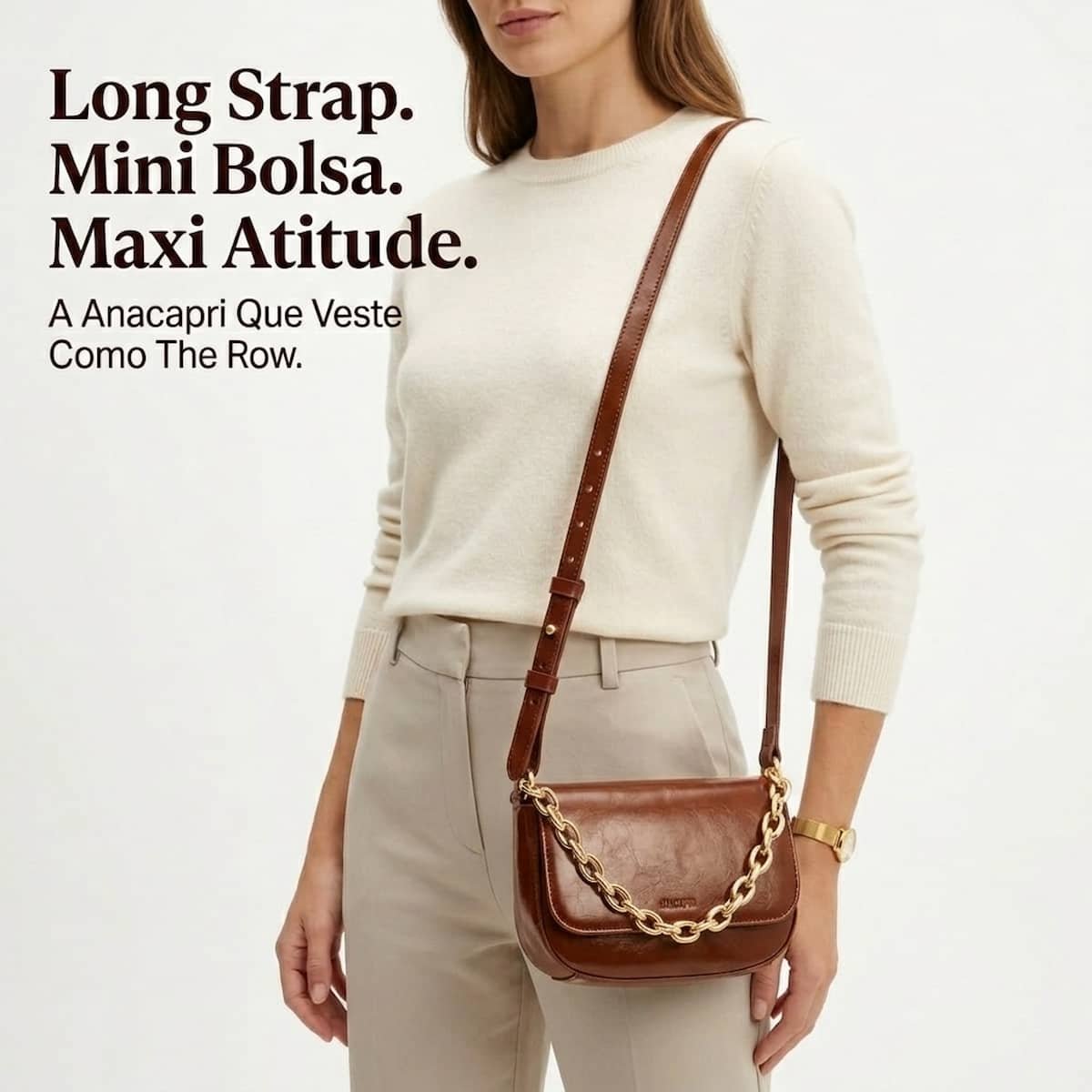 Bolsa Feminina Anacapri Pequena Crossbody com Corrente Dourada Fixa C5001620590002 Cafe Marrom 6