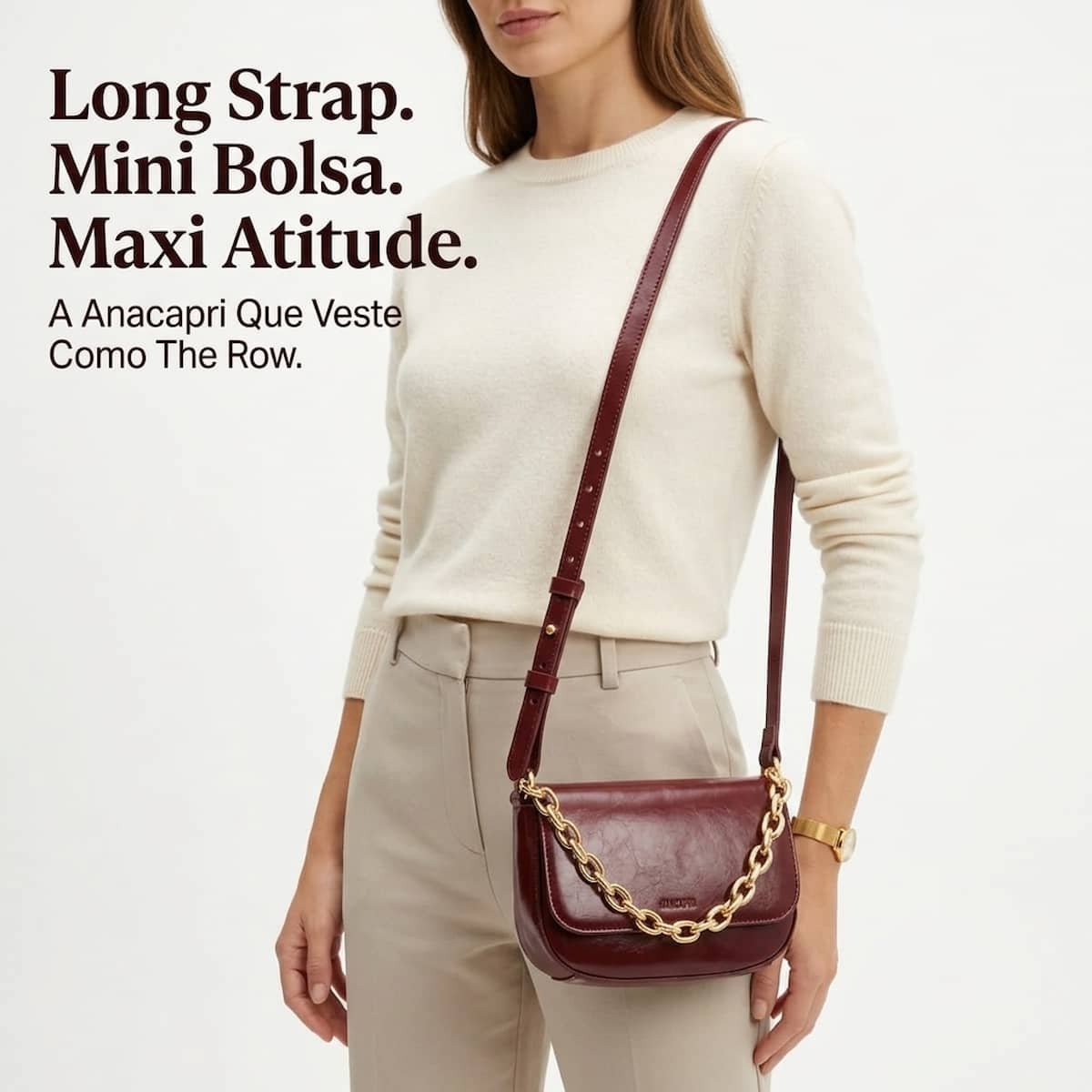 Bolsa Feminina Anacapri Pequena Crossbody com Corrente Dourada Fixa C5001620590003 Vinho Vinho 6