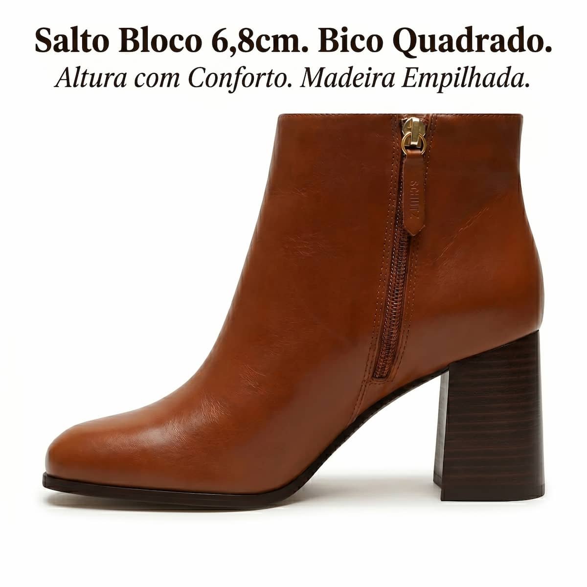 Bota Feminina Schutz Liv Couro Cano Curto Salto Bloco Bico Quadrado S2264000010002 Marrom Marrom 5