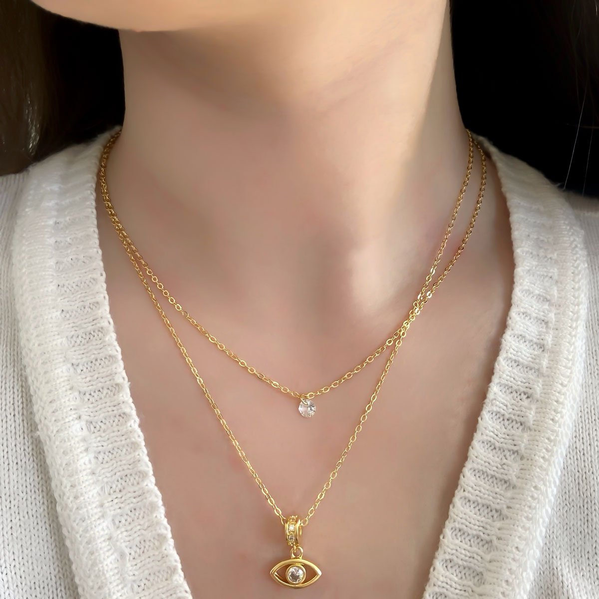 Colar Duplo Olho Grego e Zirconia Banhado a Ouro 18K Dourado 2