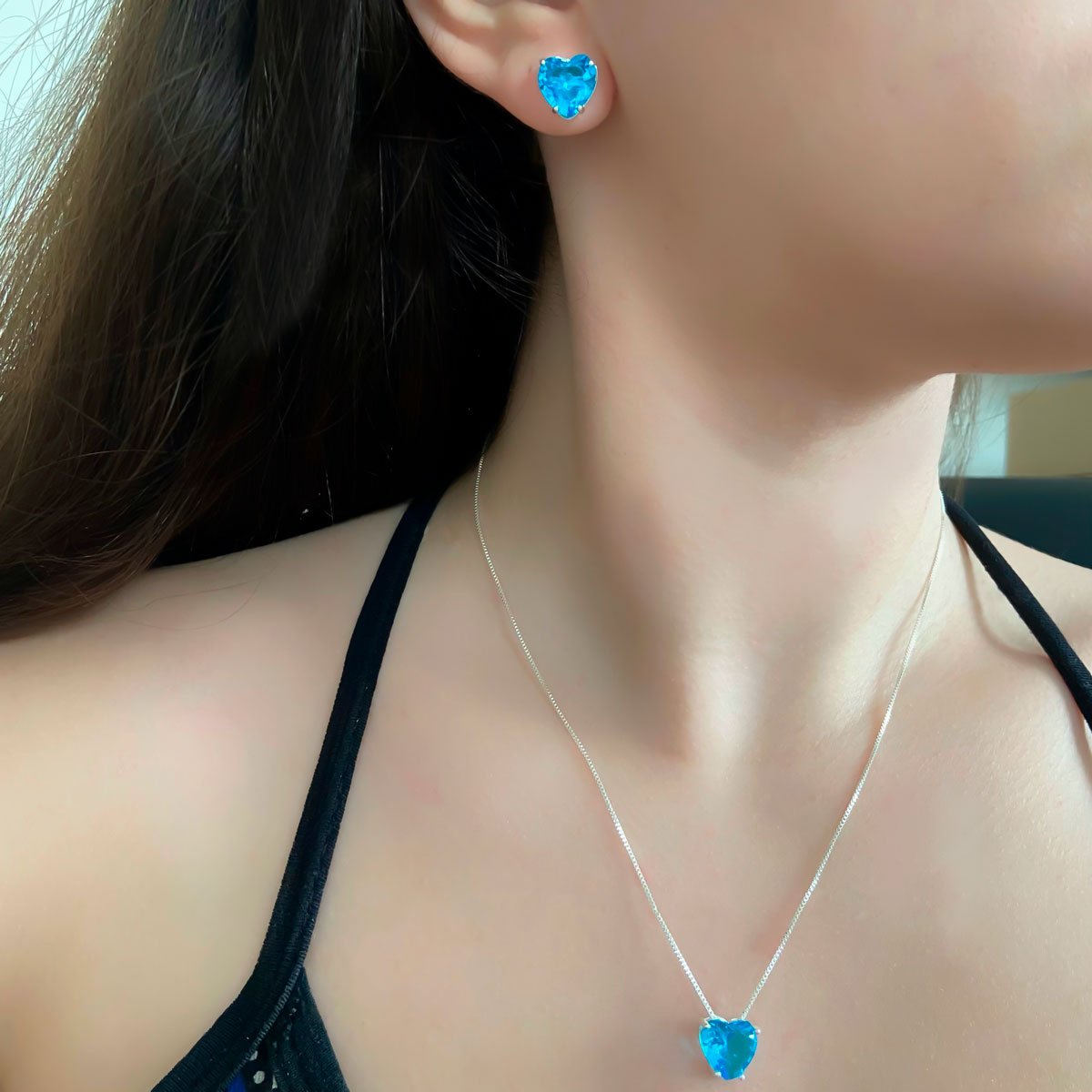 Conjunto Brinco e Colar Coracao Azul Banhado a Prata Prata 2