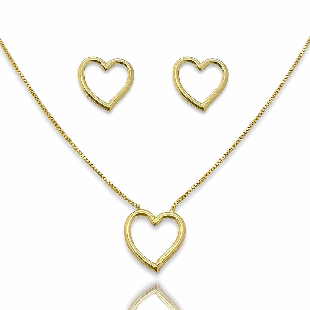 Conjunto Brinco e Colar Coracao Vazado Banhado a Ouro 18K