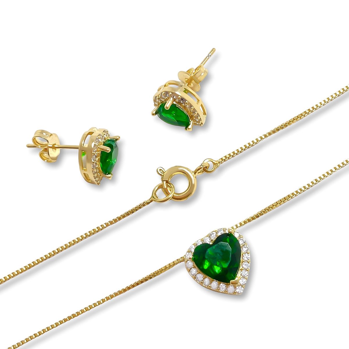 Conjunto Brinco e Colar Coracao Verde Esmeralda e Zirconia Banhado Ouro 18K Dourado 3