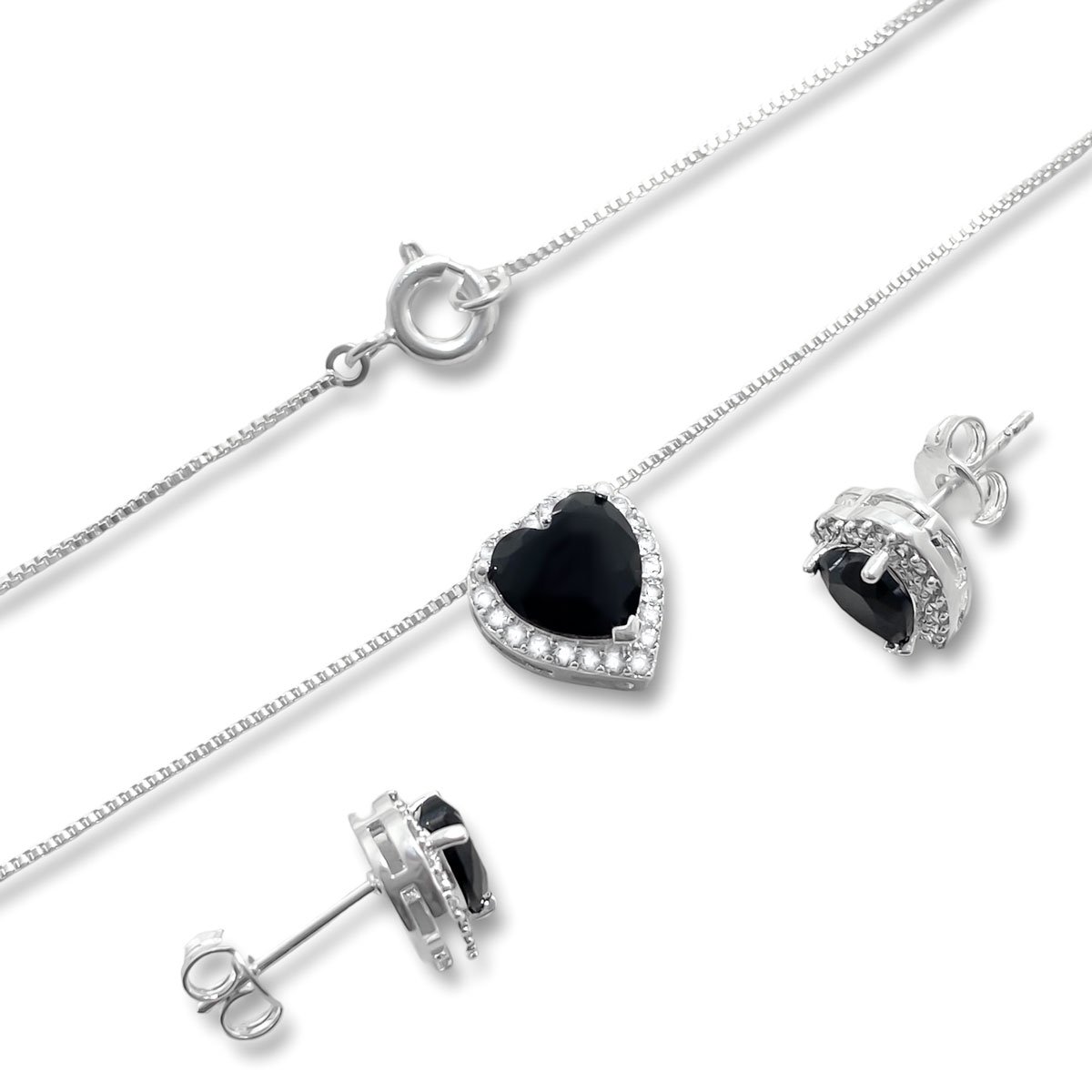 Conjunto Brinco e Colar Coracao Preto e Zirconia Banhado a Prata Prata 3