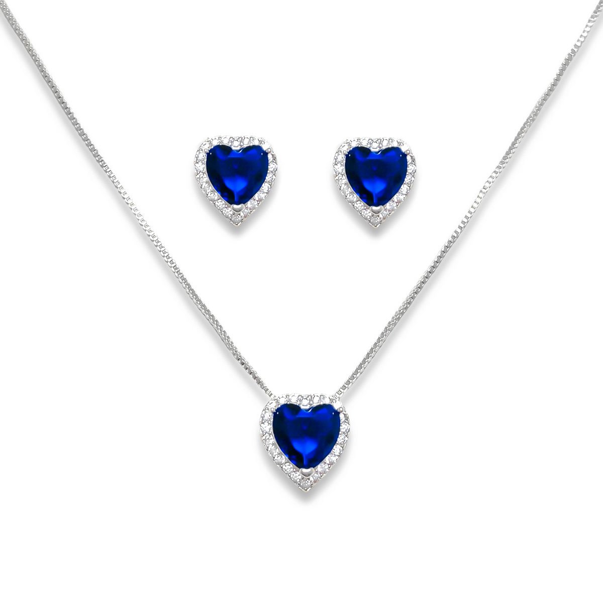 Conjunto Brinco e Colar Coracao Azul Marinho e Zirconia Banhado a Prata