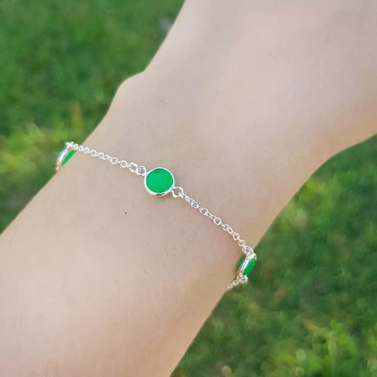 Pulseira Cristais Verdes Banhada a Prata  Prata 2