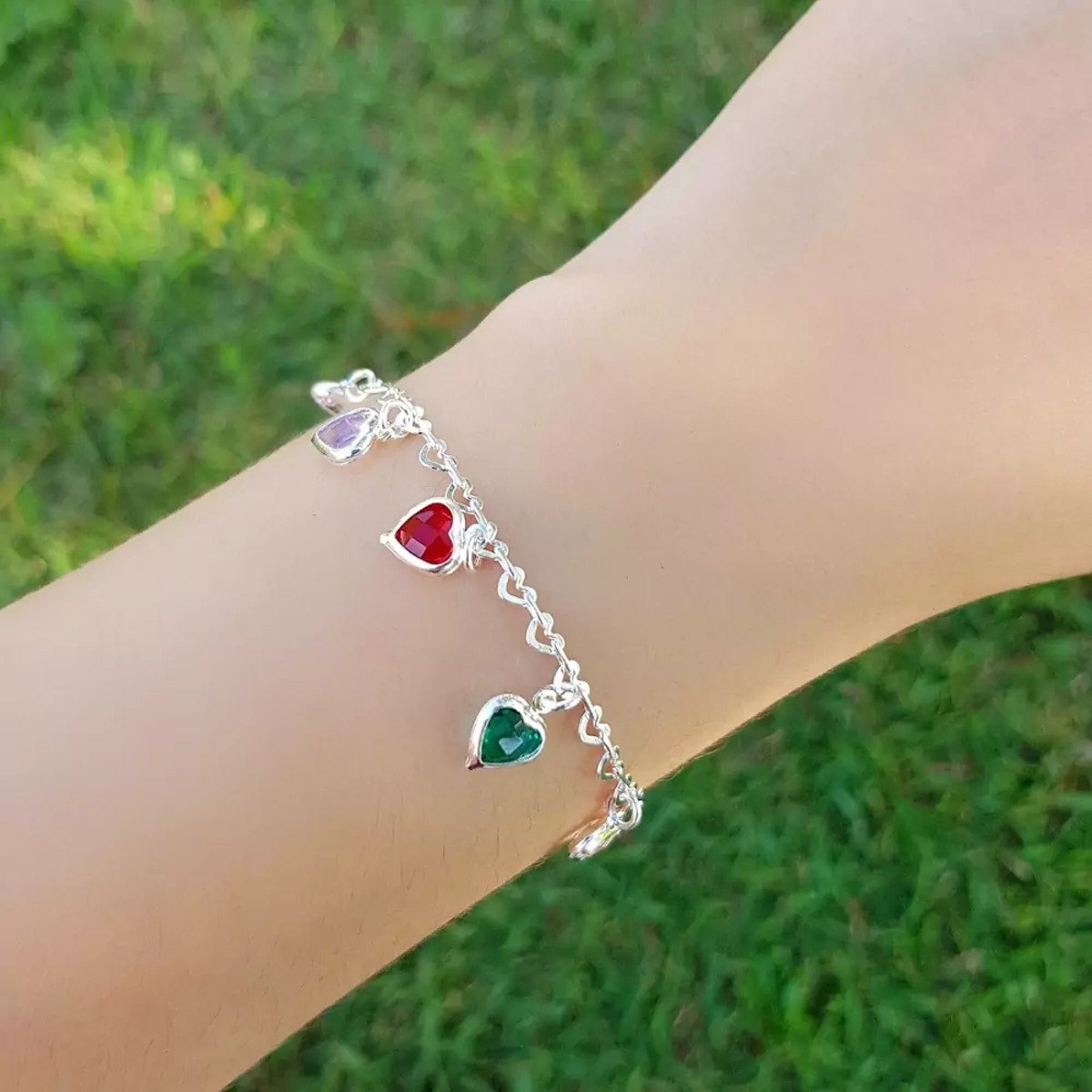 Pulseira Coracao Cristais Coloridos Banhada a Prata Prata 2