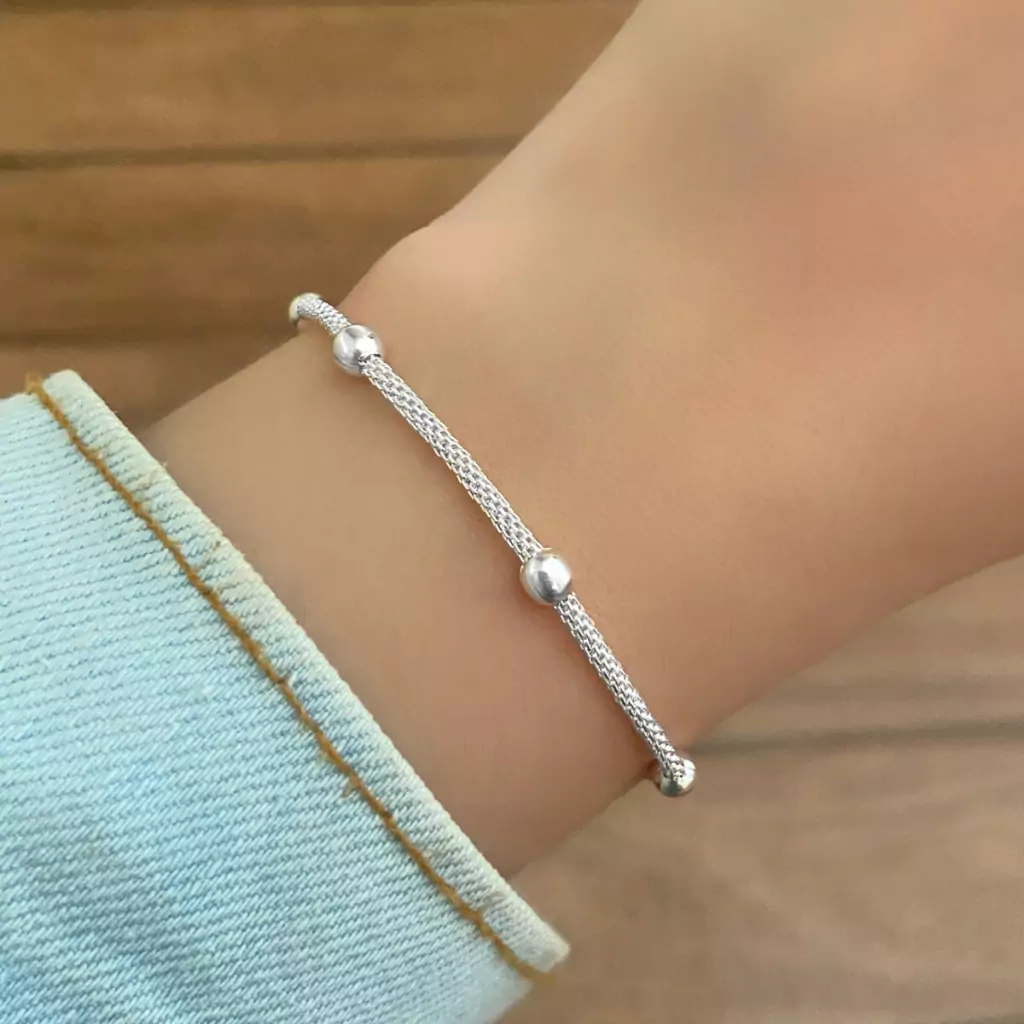 Pulseira Bolinhas Lisas e Corrente Maleavel Banhada a Prata Prata 2