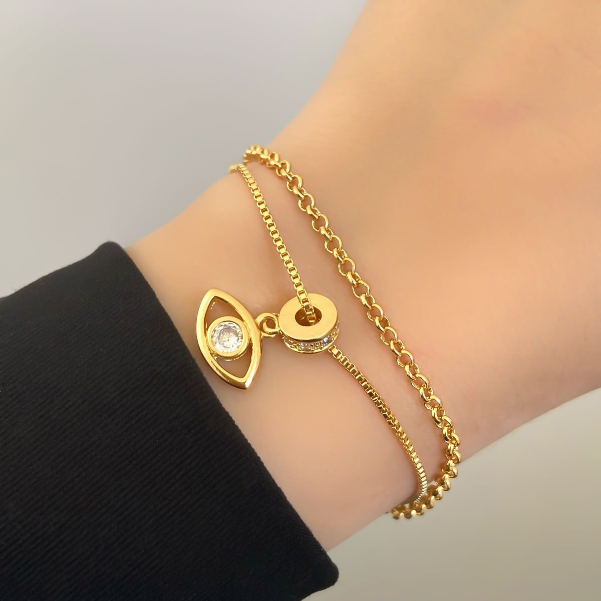 Pulseira Dupla Olho Grego Zirconia Banhada a Ouro 18K Dourado 2