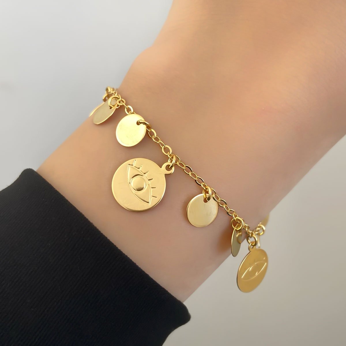 Pulseira Medalha Olho Grego e Lisa Banhada a Ouro 18K Dourado 2