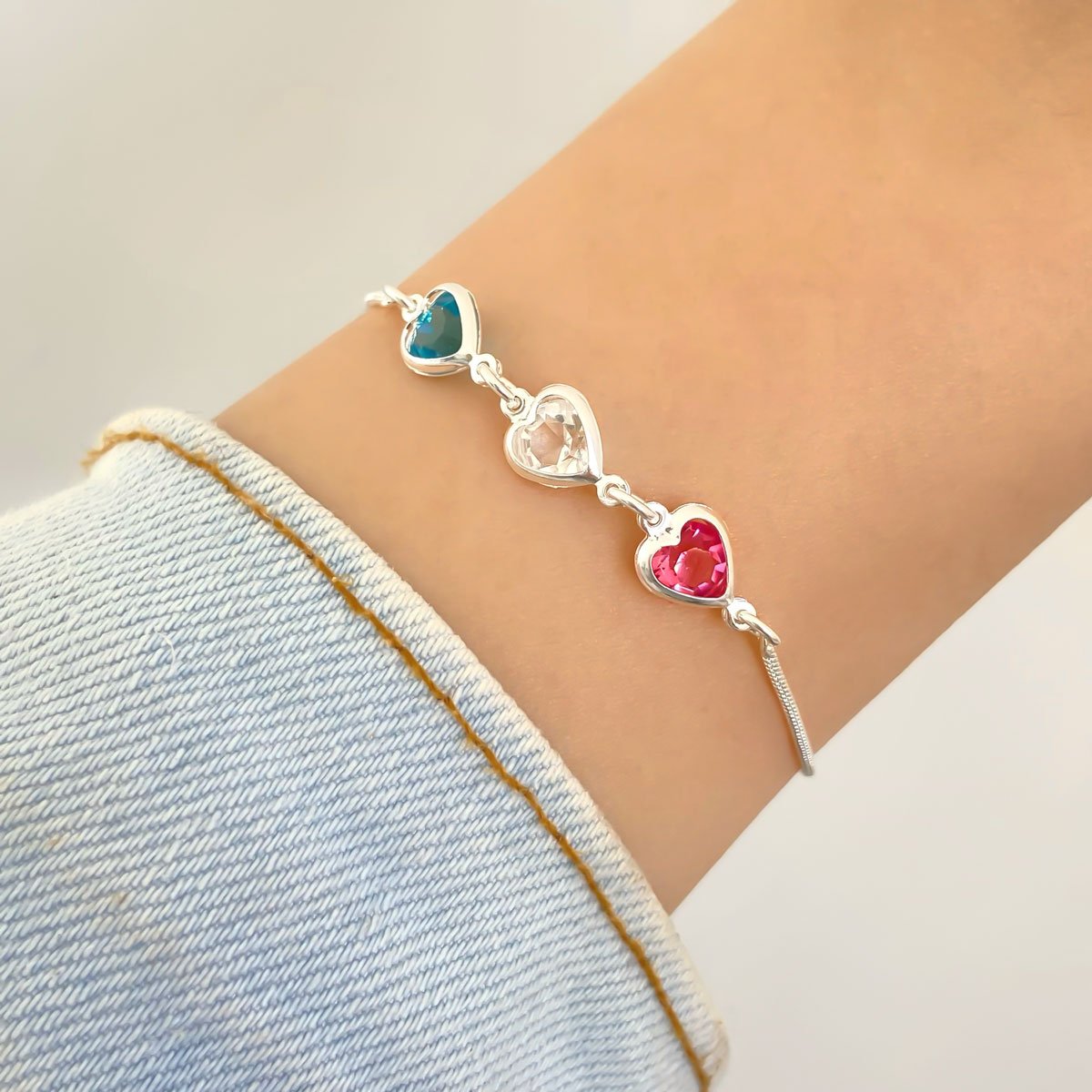 Pulseira Regulavel Coracao Cristal Colorido Banhada a Prata Prata 2