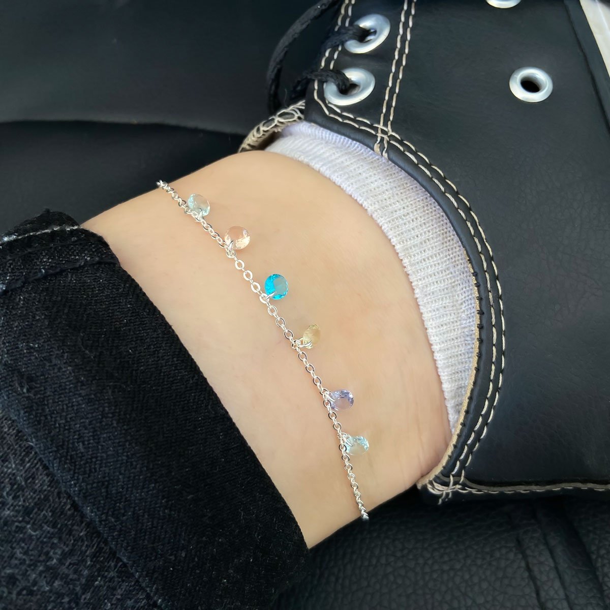 Tornozeleira Cristais Coloridos Banhada a Prata Prata 2