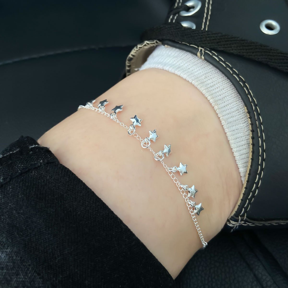 Tornozeleira Estrelas Lisas Banhada a Prata Prata 2