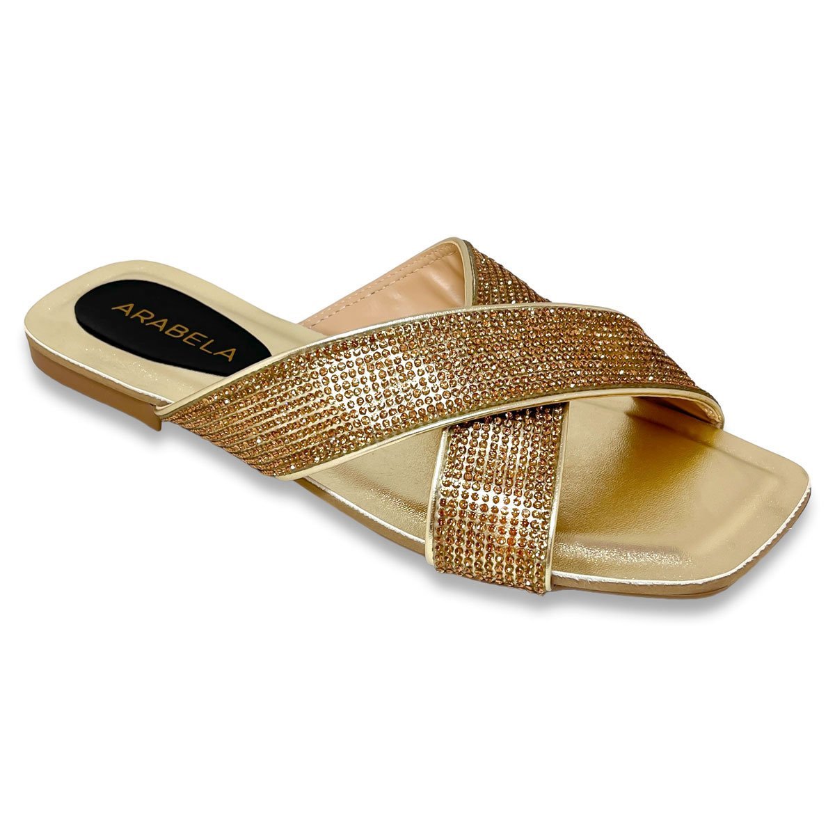 Rasteira Feminina Dourada Metalizada Tiras Cruzadas Strass Dourado 3