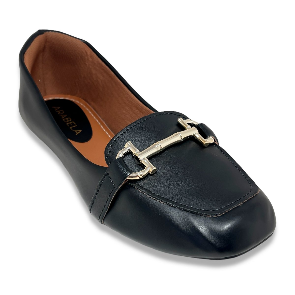 Mocassim Feminino Preto Comfort Bico Quadrado Detalhe Elos Dourados Preto 4