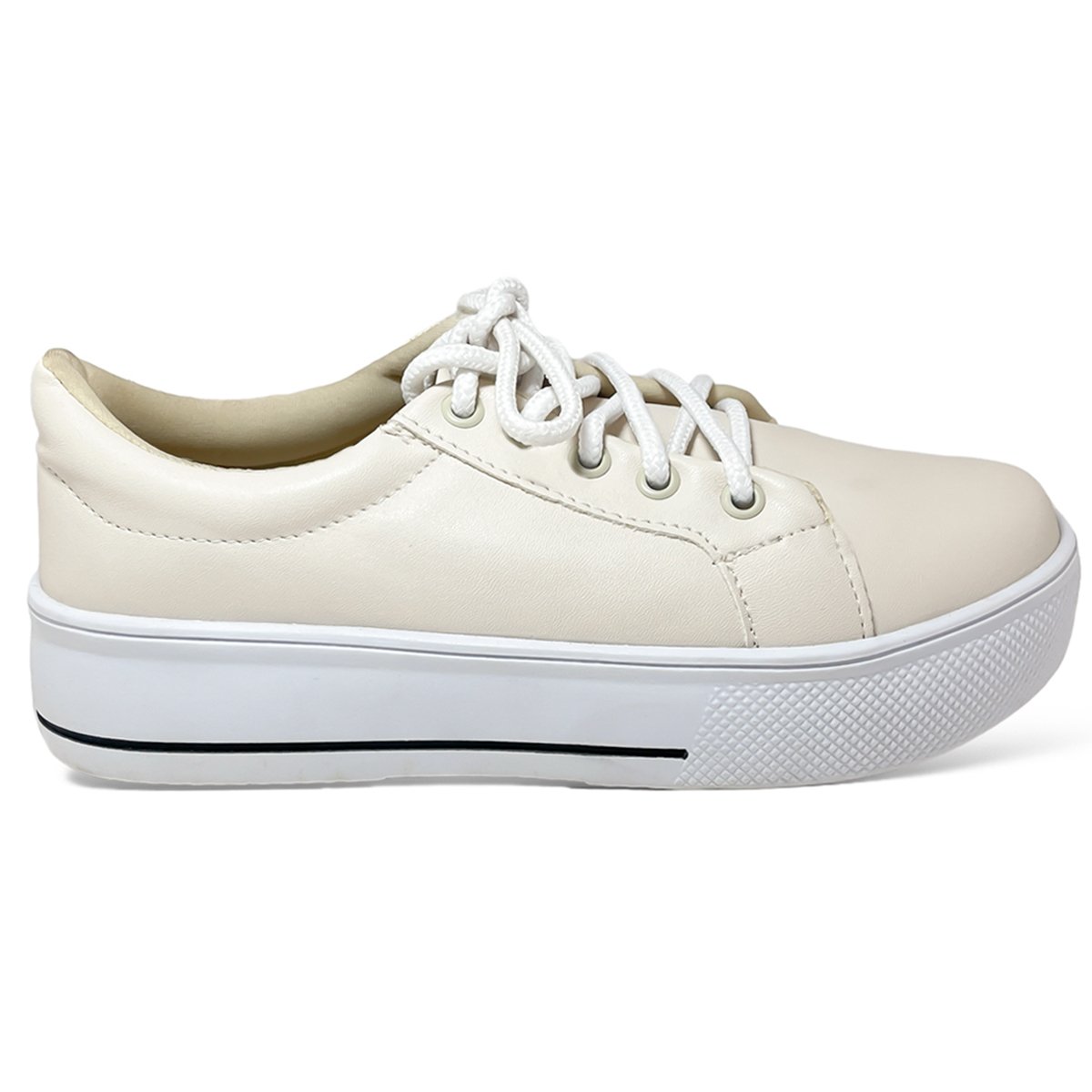 Tenis Feminino Off White Liso Flatform Detalhe Listra Preta Branco 1