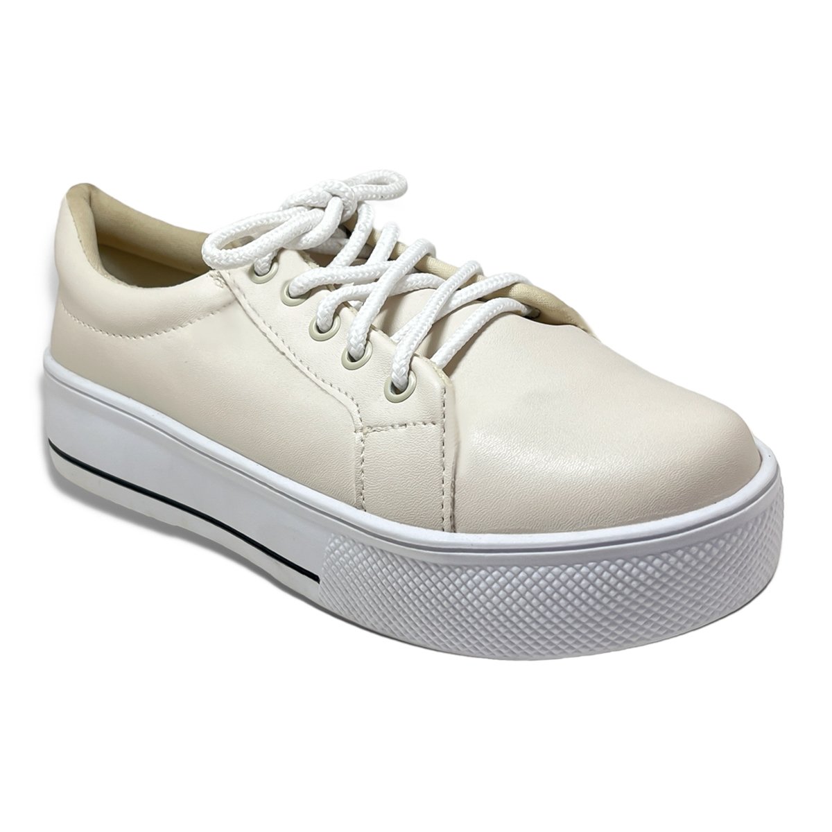 Tenis Feminino Off White Liso Flatform Detalhe Listra Preta Branco 4