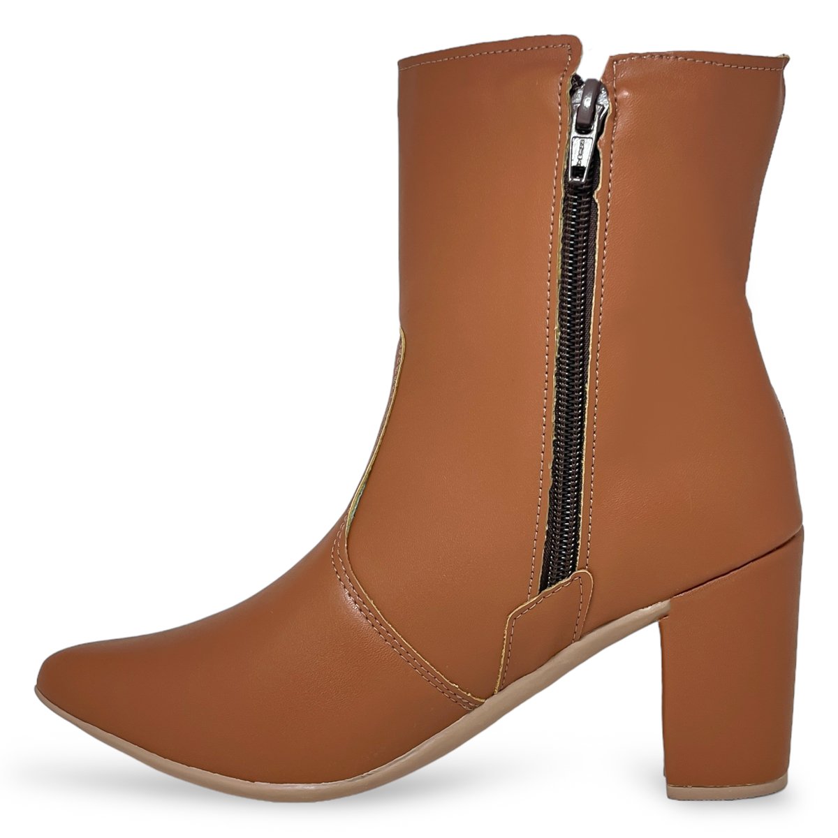 Bota Feminina Caramelo Cano Curto Bico Fino Salto Bloco Grosso Marrom 5