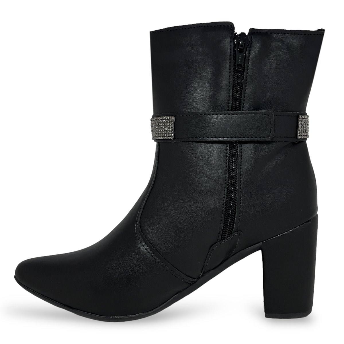 Bota Feminina Preta Tira Strass Cano Curto Bico Fino Salto Bloco Grosso Preto 5
