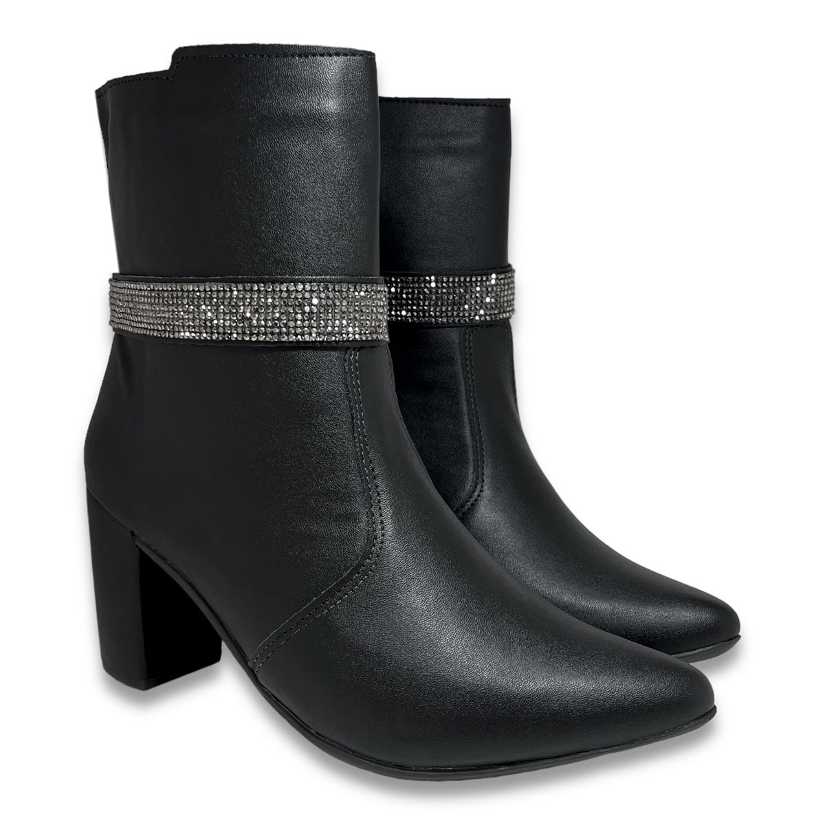 Bota Feminina Preta Tira Strass Cano Curto Bico Fino Salto Bloco Grosso Preto 6
