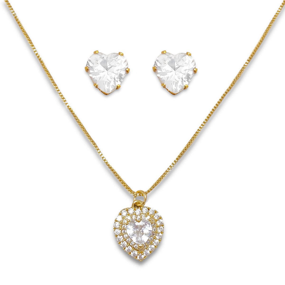 Conjunto Brinco e Colar Coracao Zirconia Banhado a Ouro 18K Dourado 4