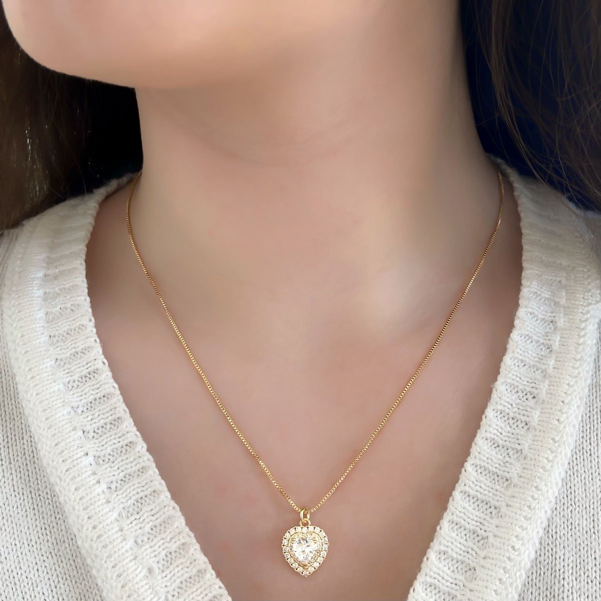 Conjunto Brinco e Colar Coracao Zirconia Banhado a Ouro 18K