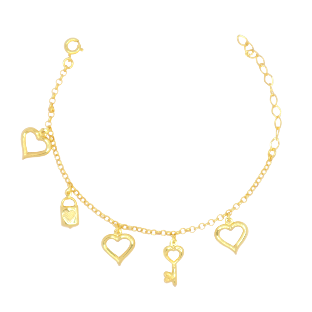 PULSEIRA COM PINGENTES CORAÇÃO, CHAVE E CADEADO Dourado 1