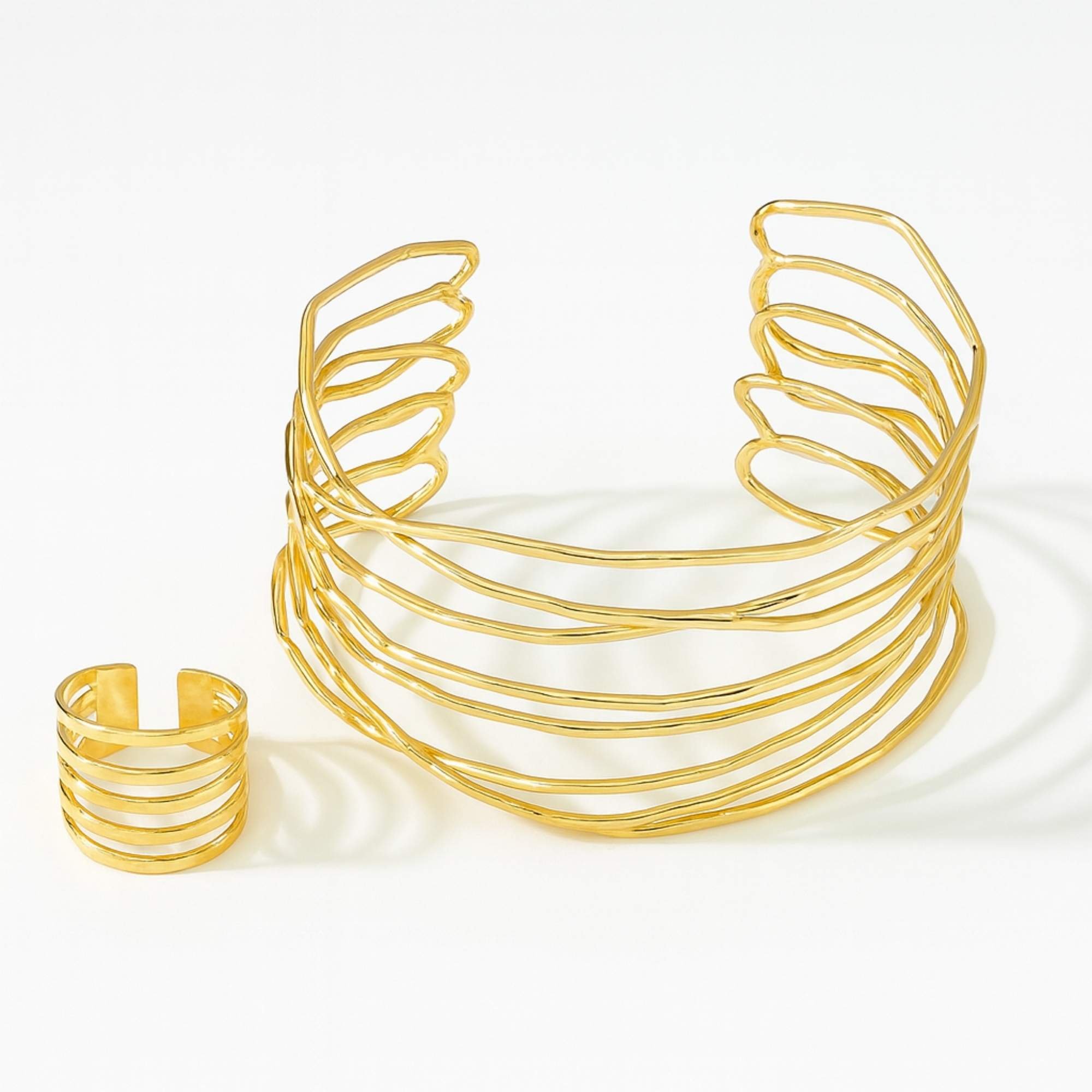 Bracelete e Anel Orgânico Regulável -  Banhado em Ouro 18k