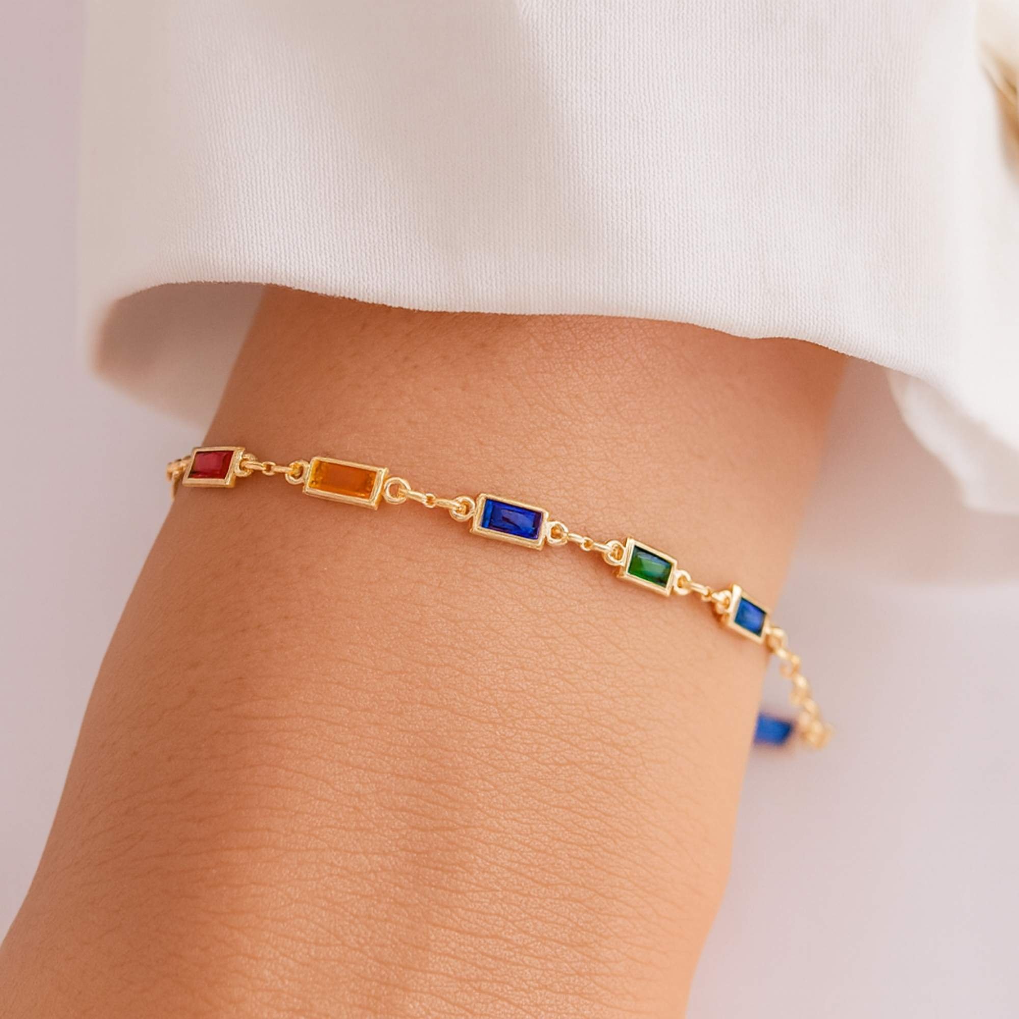 Pulseira Pedras Coloridas Retangulares - Banhado em Ouro 18k Dourado 2