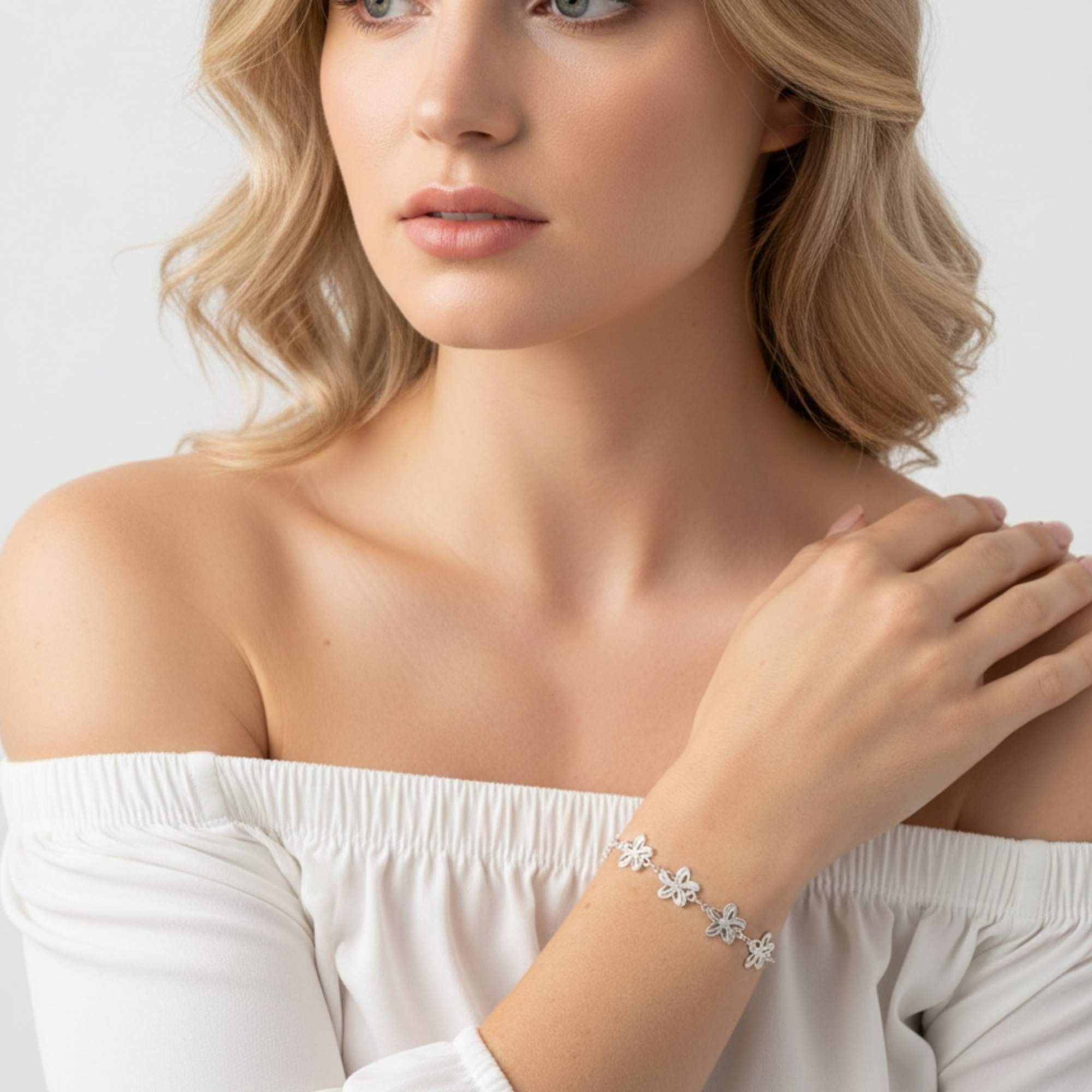 Pulseira Feminina Delicada Flores - Banhado em Prata 925 Prata 2