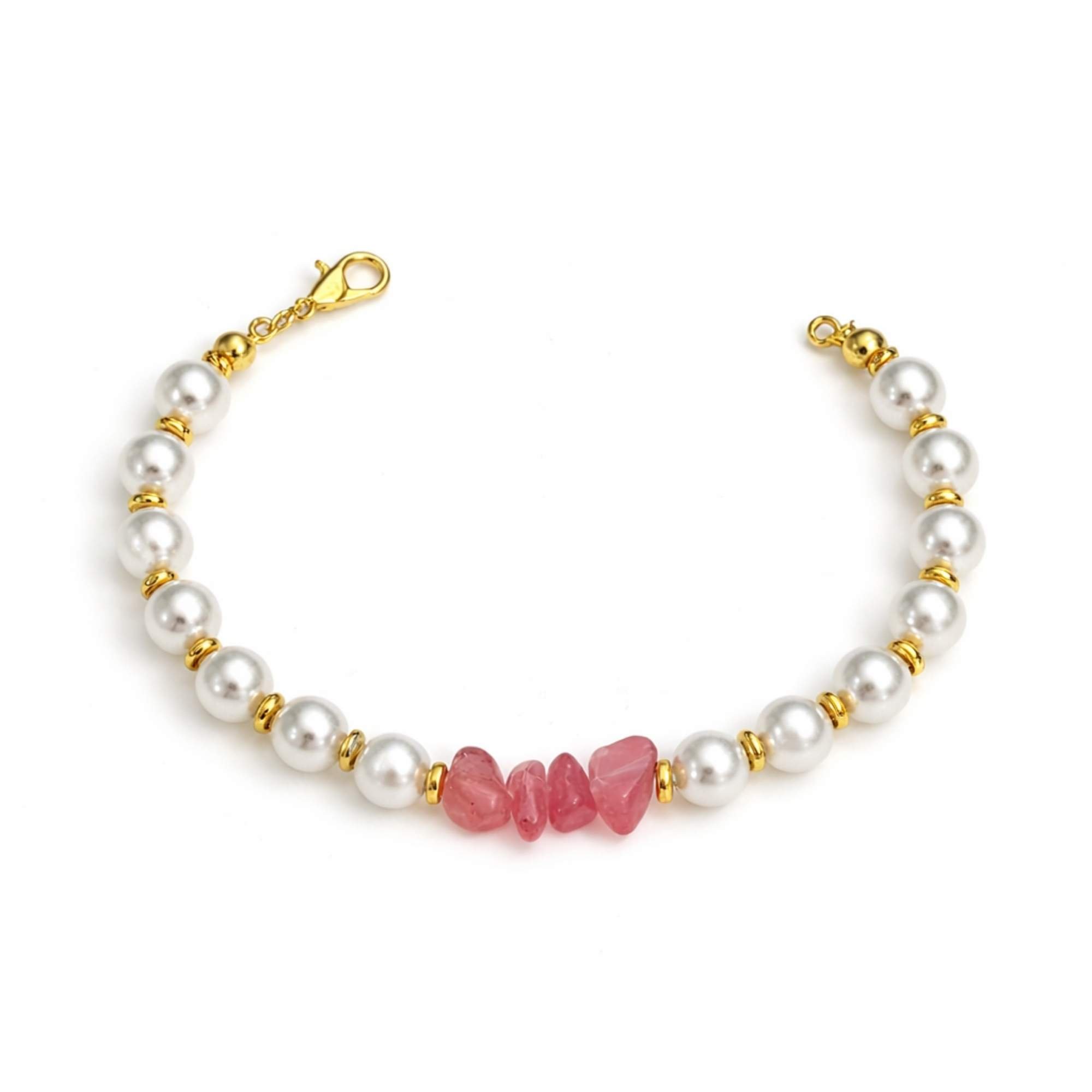 Pulseira de Pérolas e Quartzo Rosa  -  Banhado em Ouro 18k