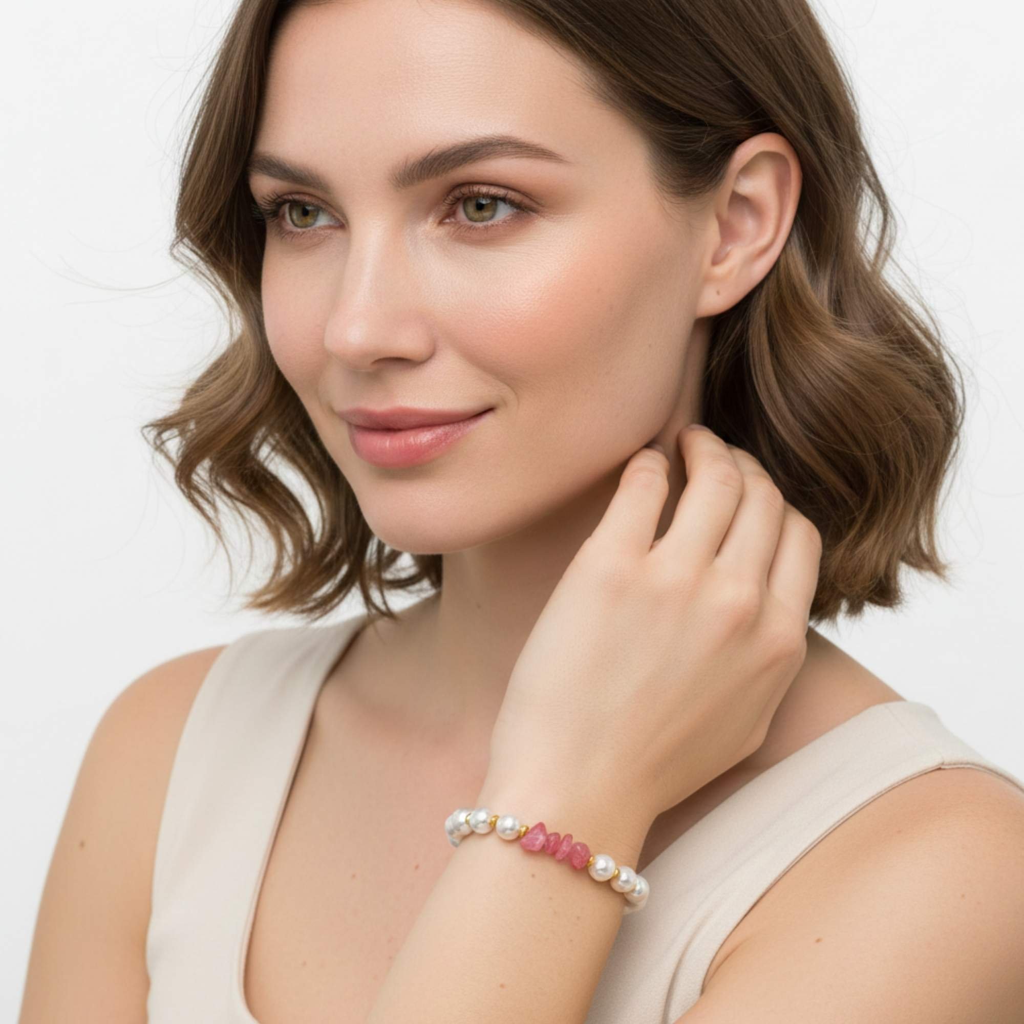 Pulseira de Pérolas e Quartzo Rosa  -  Banhado em Ouro 18k Dourado 2