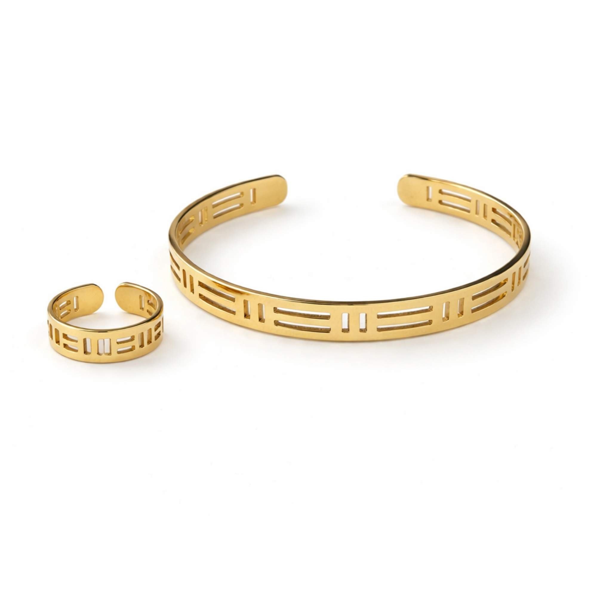 Conjunto Feminino Bracelete e Anel Geométricos Regulável - Banhado em Ouro 18k
