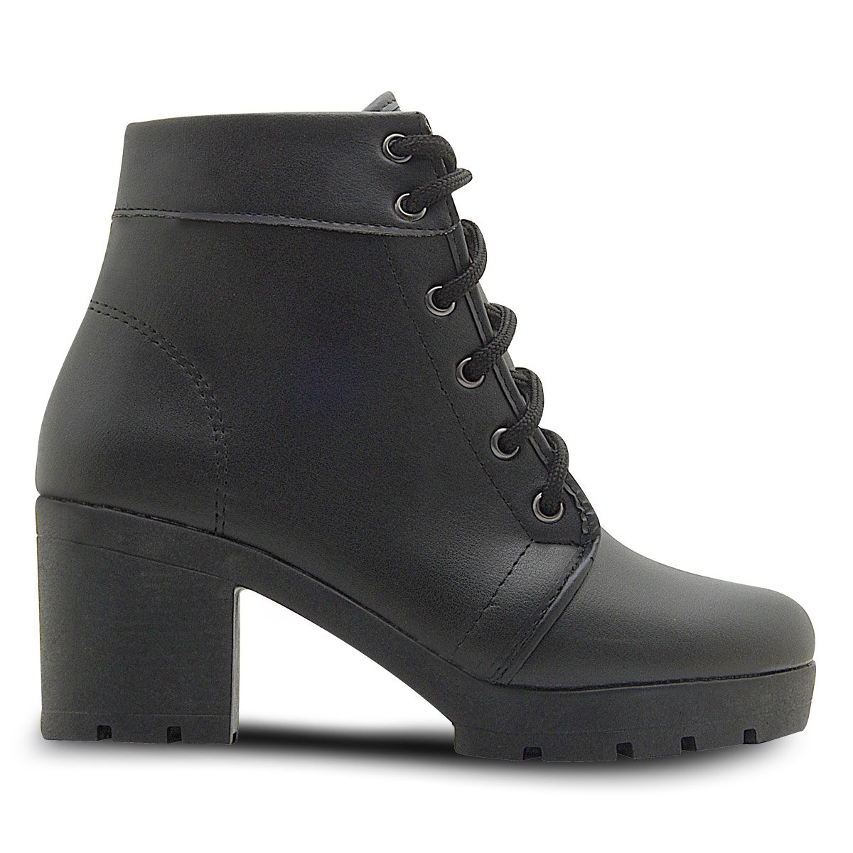 Bota Feminina Coturno Cano Curto Com Saltinho Grosso Preto Preto 1