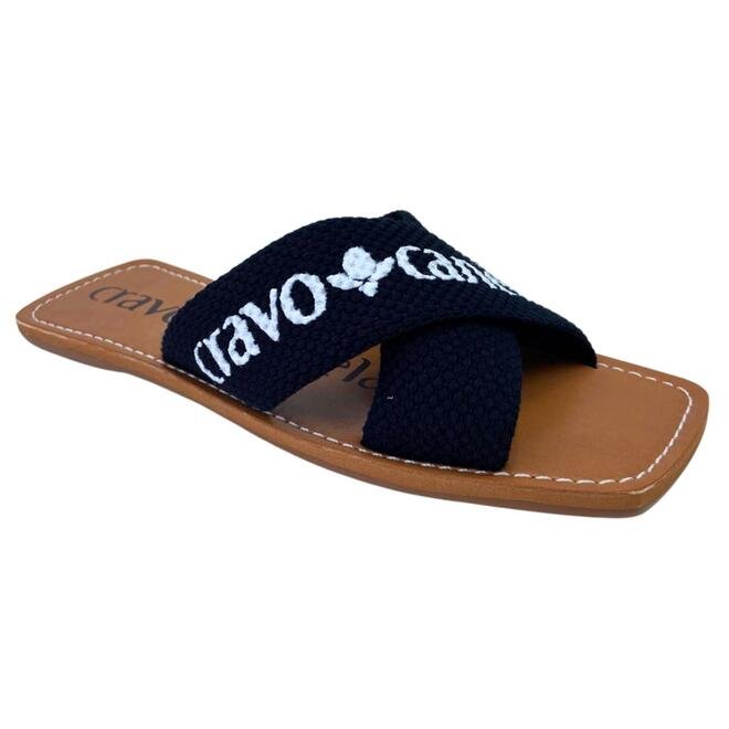 Rasteira Cravo e Canela Gorgurão Preto/Branco Preto 2