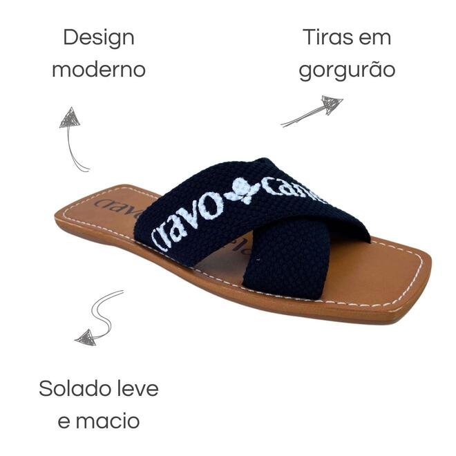 Rasteira Cravo e Canela Gorgurão Preto/Branco Preto 6