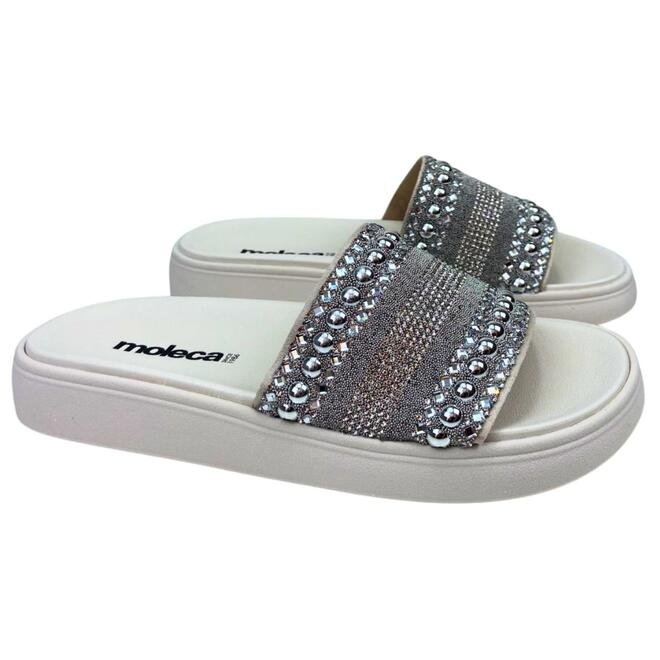 Chinelo Slide Moleca Camurça Branco Off/Niquel-Cristal Feminino Branco 3