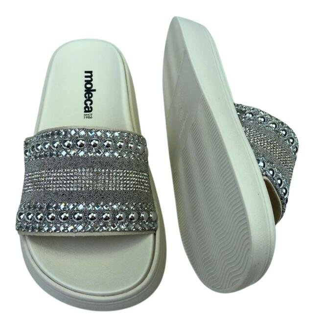 Chinelo Slide Moleca Camurça Branco Off/Niquel-Cristal Feminino Branco 4