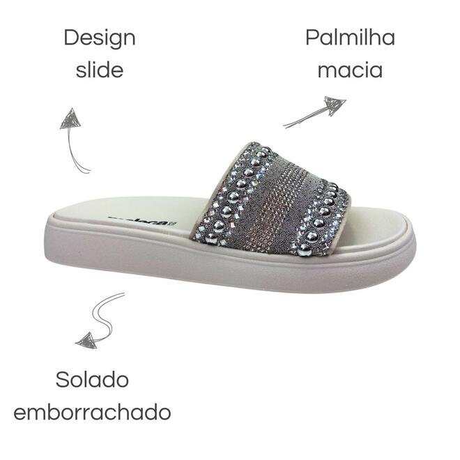Chinelo Slide Moleca Camurça Branco Off/Niquel-Cristal Feminino Branco 6