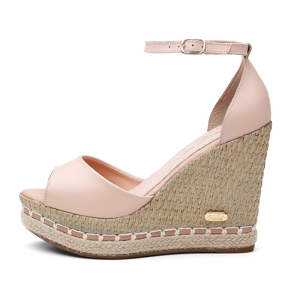 Sandalia em Couro Salto Alto Anabela Sisal Casual Feminina Tira Fivela Conforto Mulher Elegante Bege 2