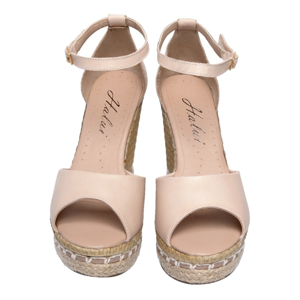 Sandalia em Couro Salto Alto Anabela Sisal Casual Feminina Tira Fivela Conforto Mulher Elegante Bege 3