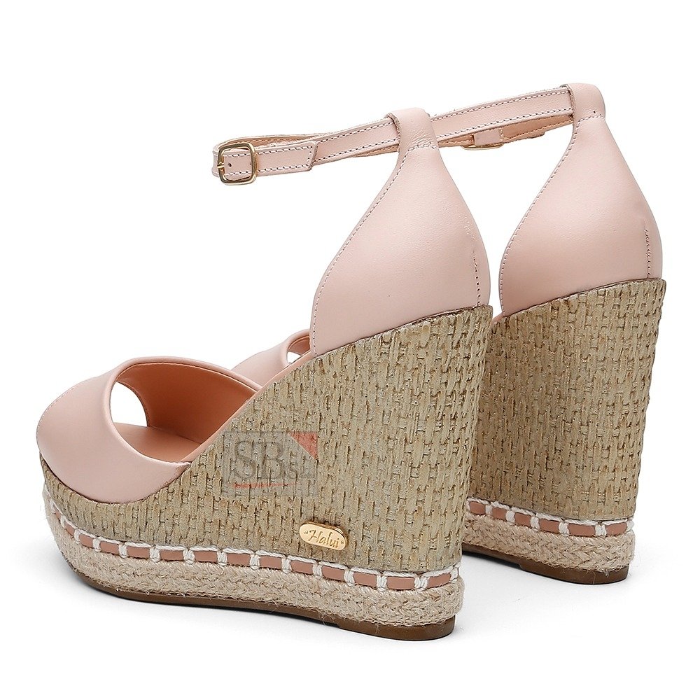 Sandalia em Couro Salto Alto Anabela Sisal Casual Feminina Tira Fivela Conforto Mulher Elegante Bege 4